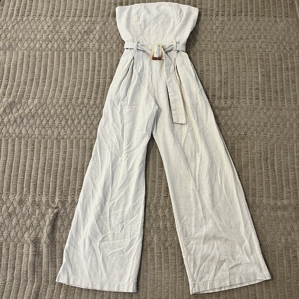 Strapless Linen Wide-Leg Jumpsuit w/Belt
